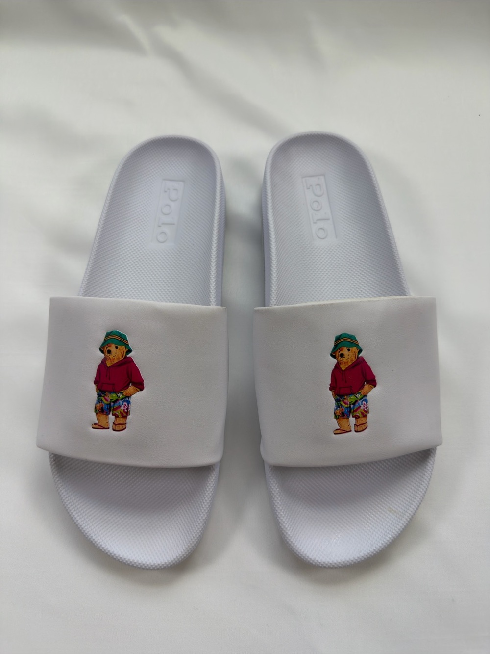 Polo by Ralph Lauren White Kids Slide Sandals with Teddy Bear Graphic